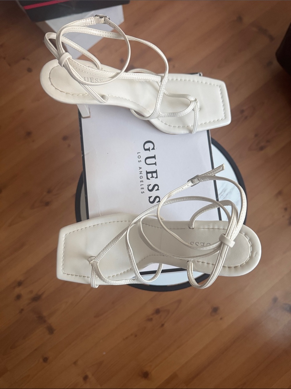 GUESS Cream Strappy Square-Toe Heeled Sandals